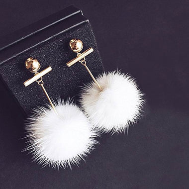 Big White Fur Balls Long Earrings